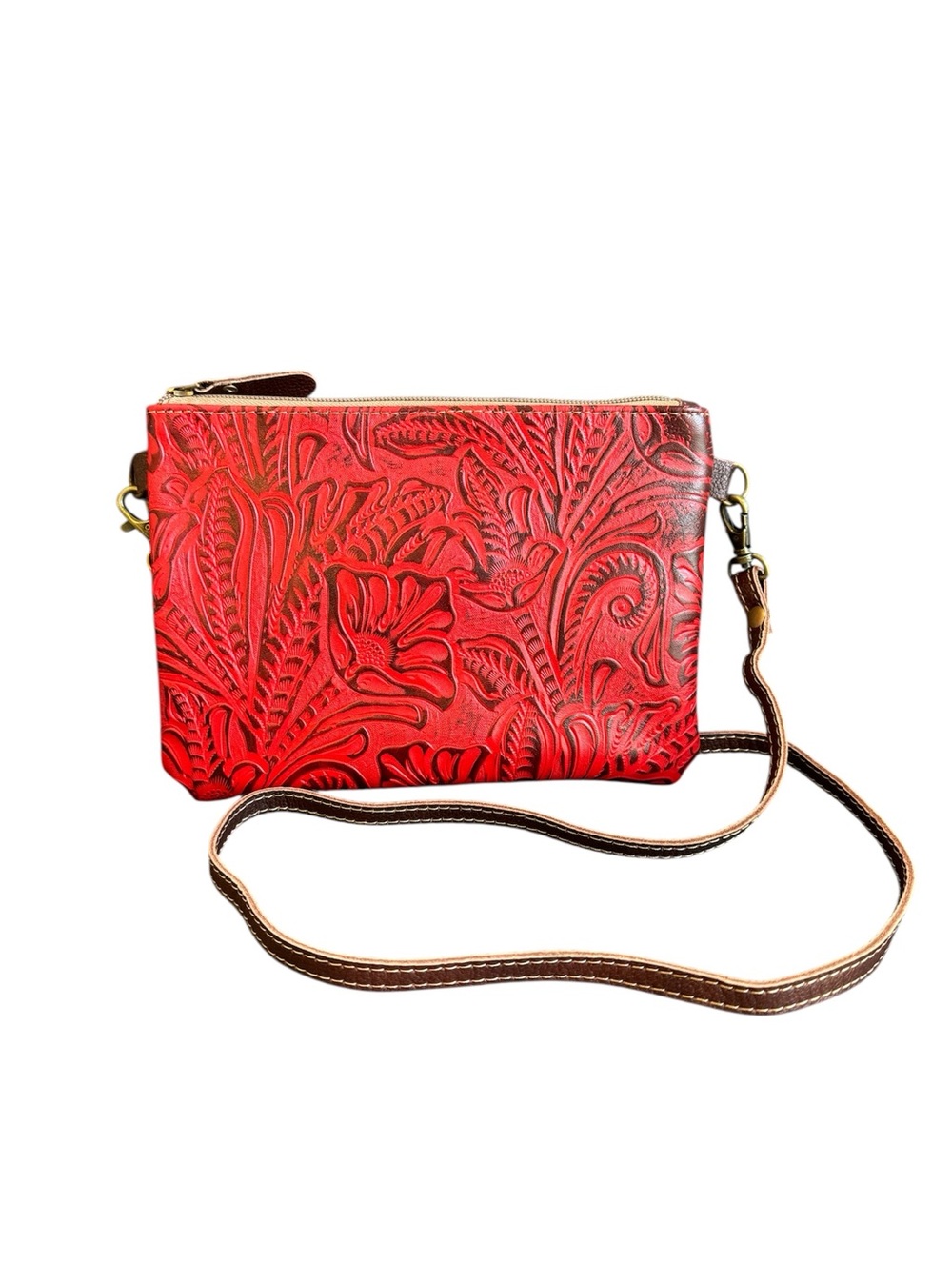 Myra Red Tooled Leather Crossbody Purse Brown‎ Shoulder Belt Bag Western Cowgirl